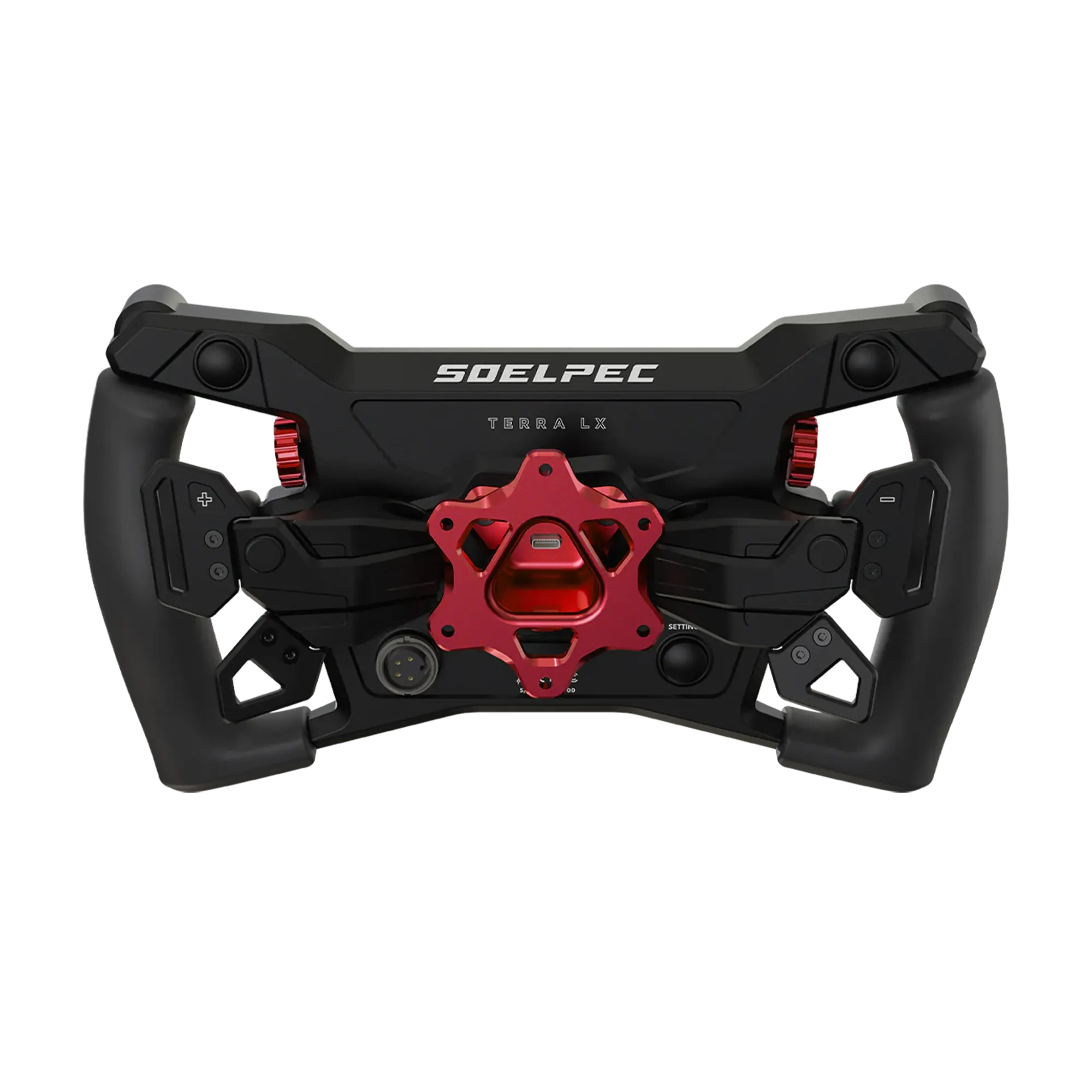 Front view of the SOELPEC Terra LX sim racing steering wheel with 6061 aluminium construction and compact formula-style design.