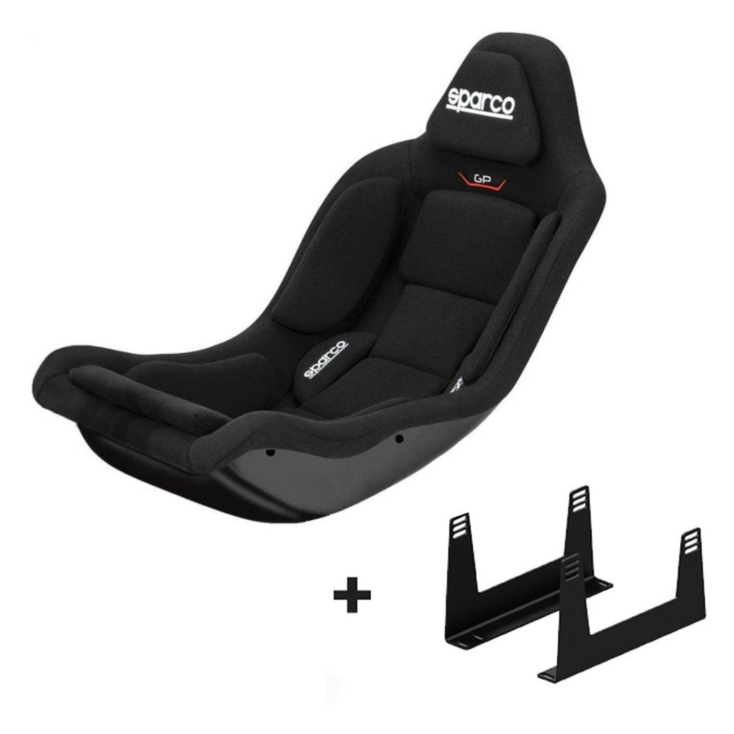 Sparco GP Formula Gaming seat with adjustable headrest, custom cushion pads, and seat brackets for ergonomic racing setup.