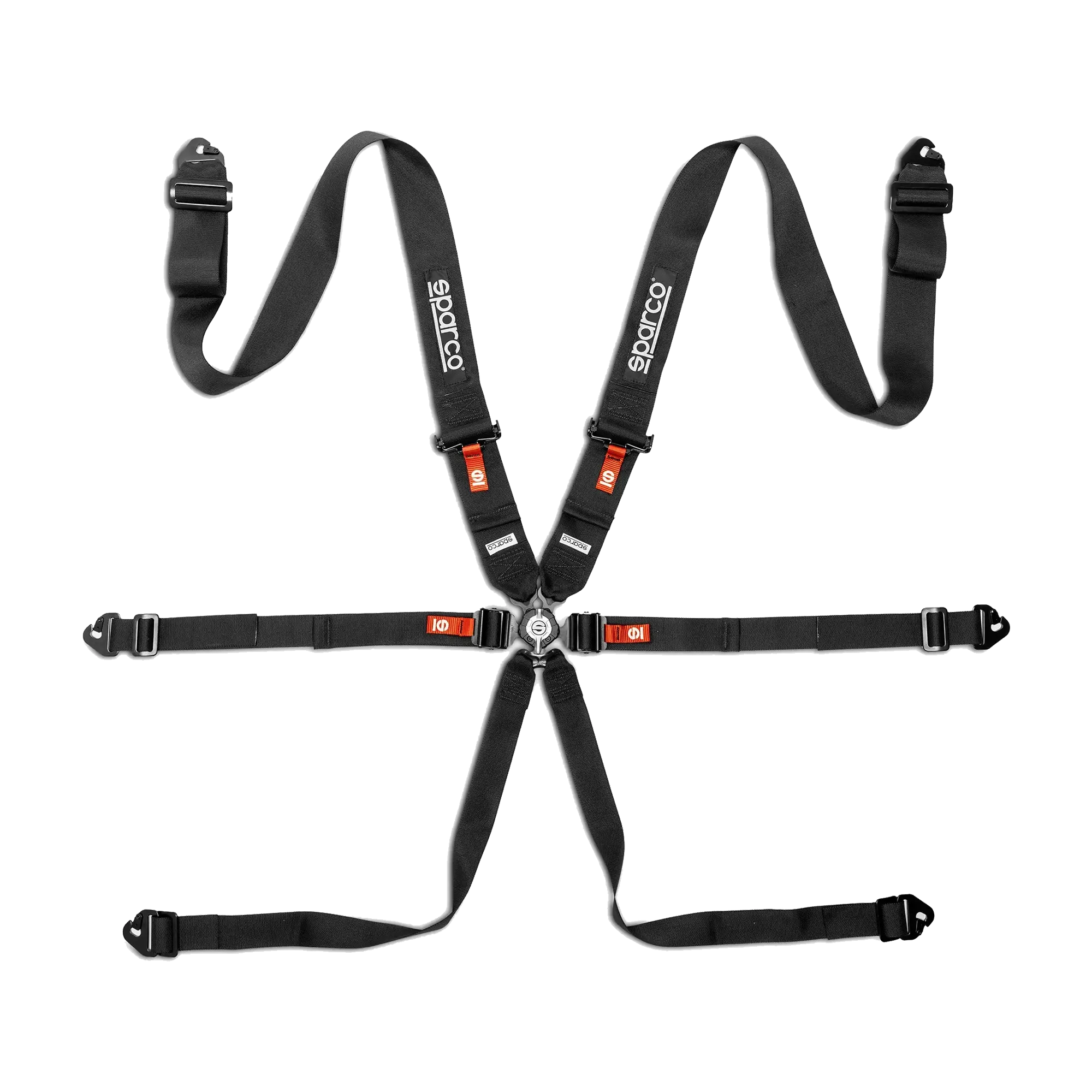 Sparco Competition H-3 steel seat belts 6-point harness with aluminum buckle and 3-inch straps for sim racing.