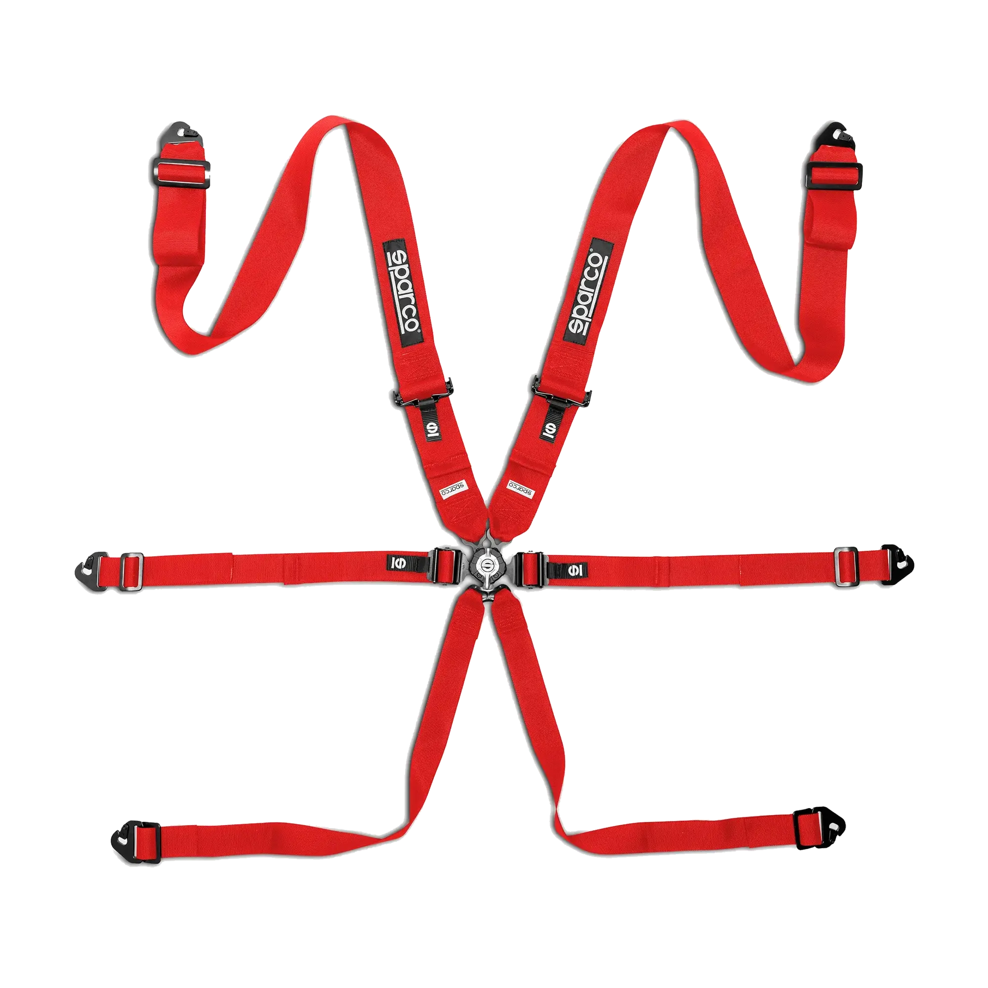 Sparco Competition H-3 steel seat belts - 6-point harness with steel adjusters and quick-release buckle.