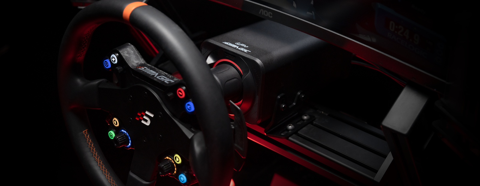 Simagic Alpha EVO Ultra 28Nm direct drive wheelbase mounted on a sim racing cockpit