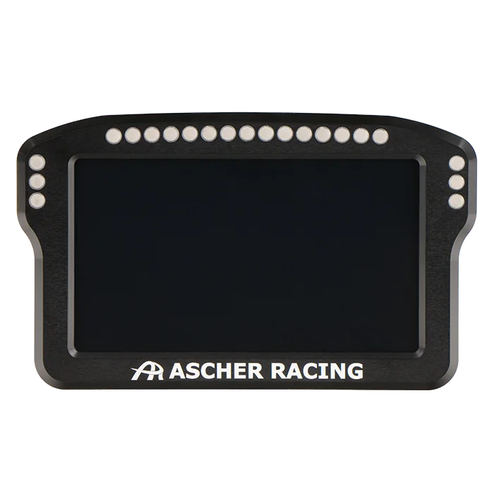 Ascher Racing Dashboard with high-resolution display and RGB LEDs for sim racing telemetry and performance data integration.