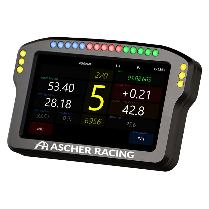Ascher Racing Dashboard with telemetry display and RGB LEDs for sim racing and e-sports precision.