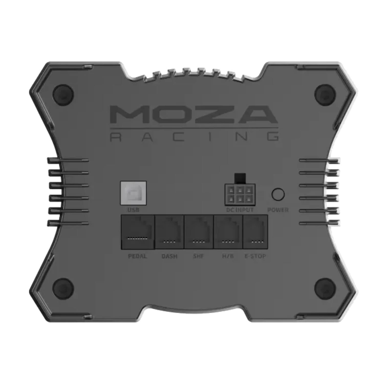 Moza R9 v3 racing wheel base with control panel showing USB and power inputs