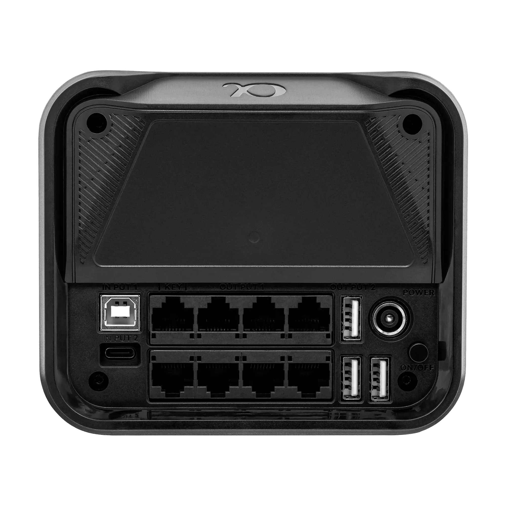 Rear view of the Simagic Alpha EVO Sport direct drive wheelbase with multiple ports.