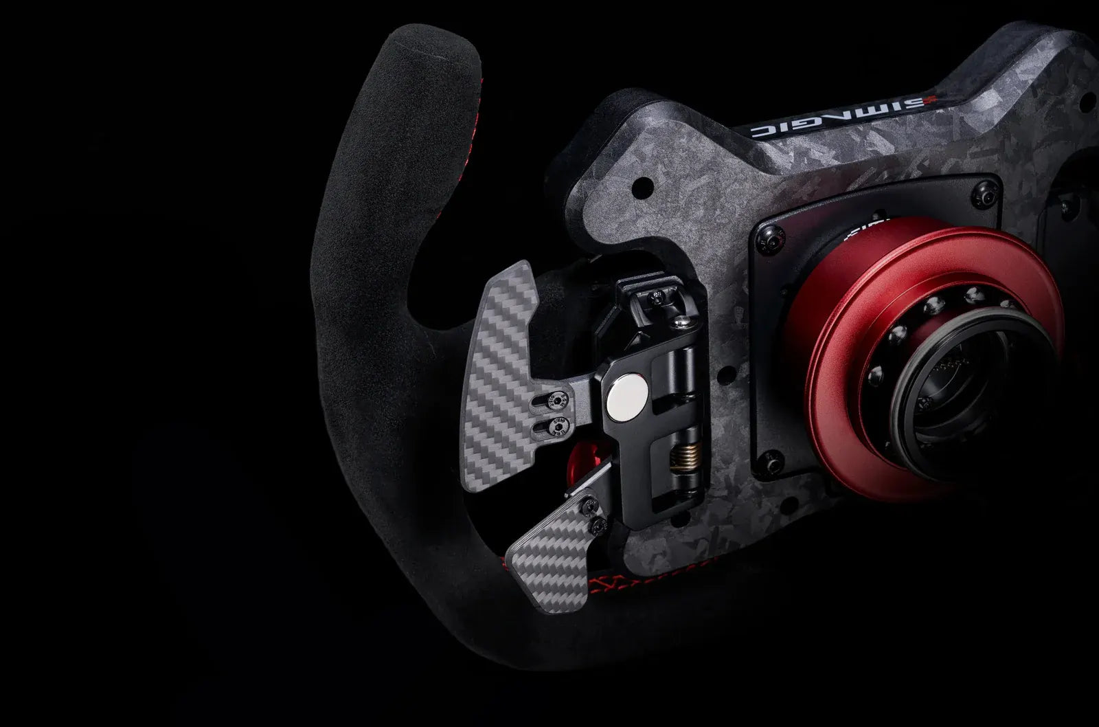 Simagic Dual Paddle Shifter Module attached to a steering wheel, featuring sleek design and high-quality materials for sim racing enthusiasts.