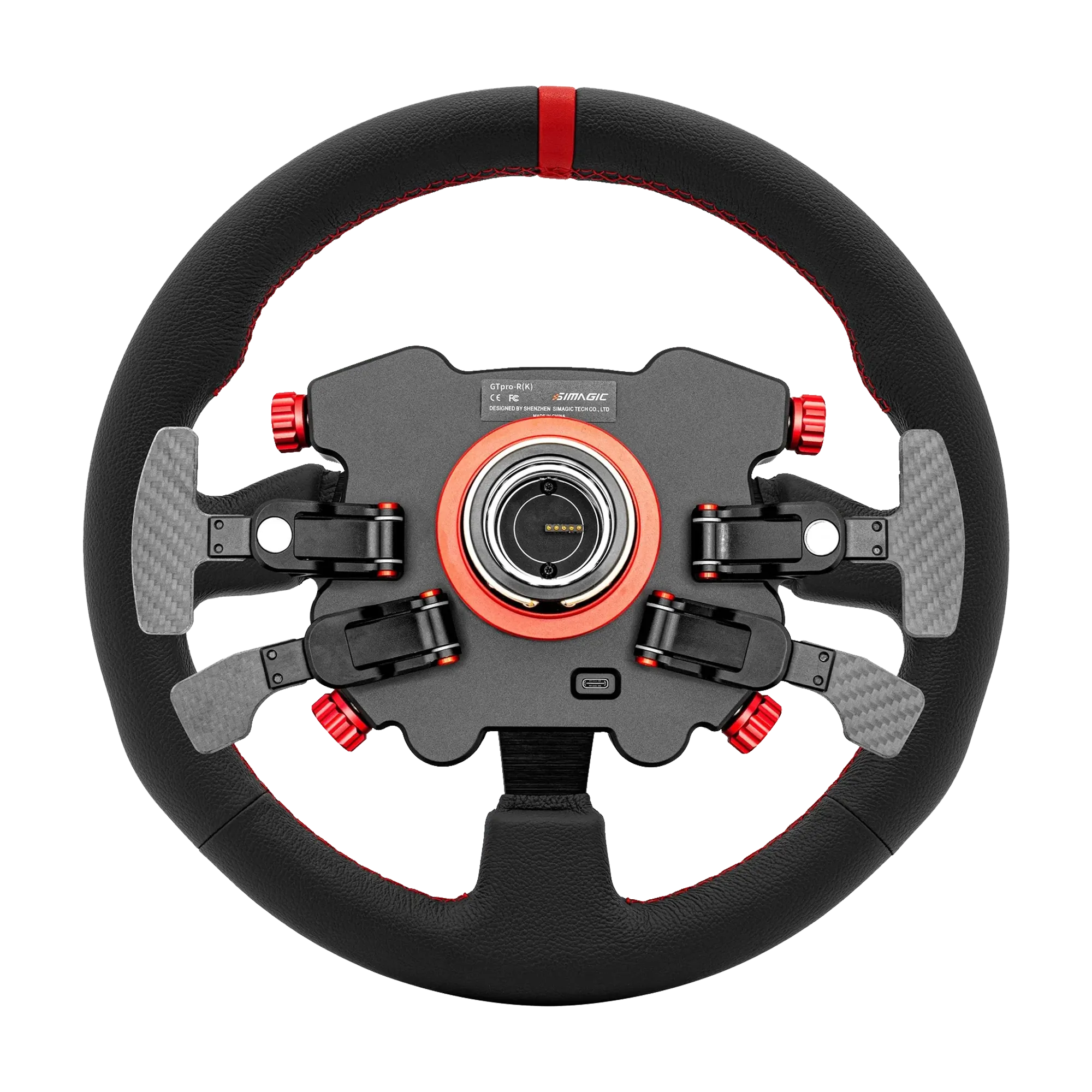 Simagic GT Pro Hub(K) Round Leather with carbon fiber front plate and machined aluminum housing for GT, rally, drift racing styles.