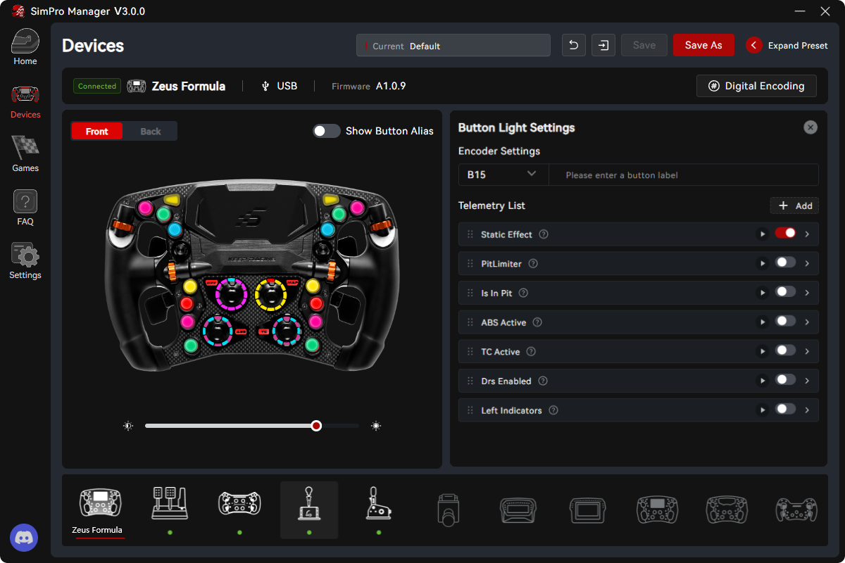 Simagic SimPro Manager V3 - customizable button backlighting on the Zeus Formula