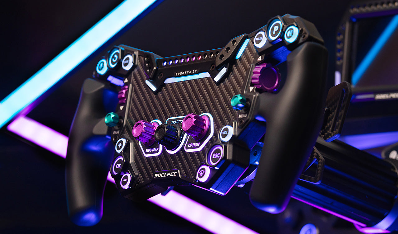 SOELPEC Spectra LT screenless formula steering wheel with customizable LED light bars and RGB backlit buttons