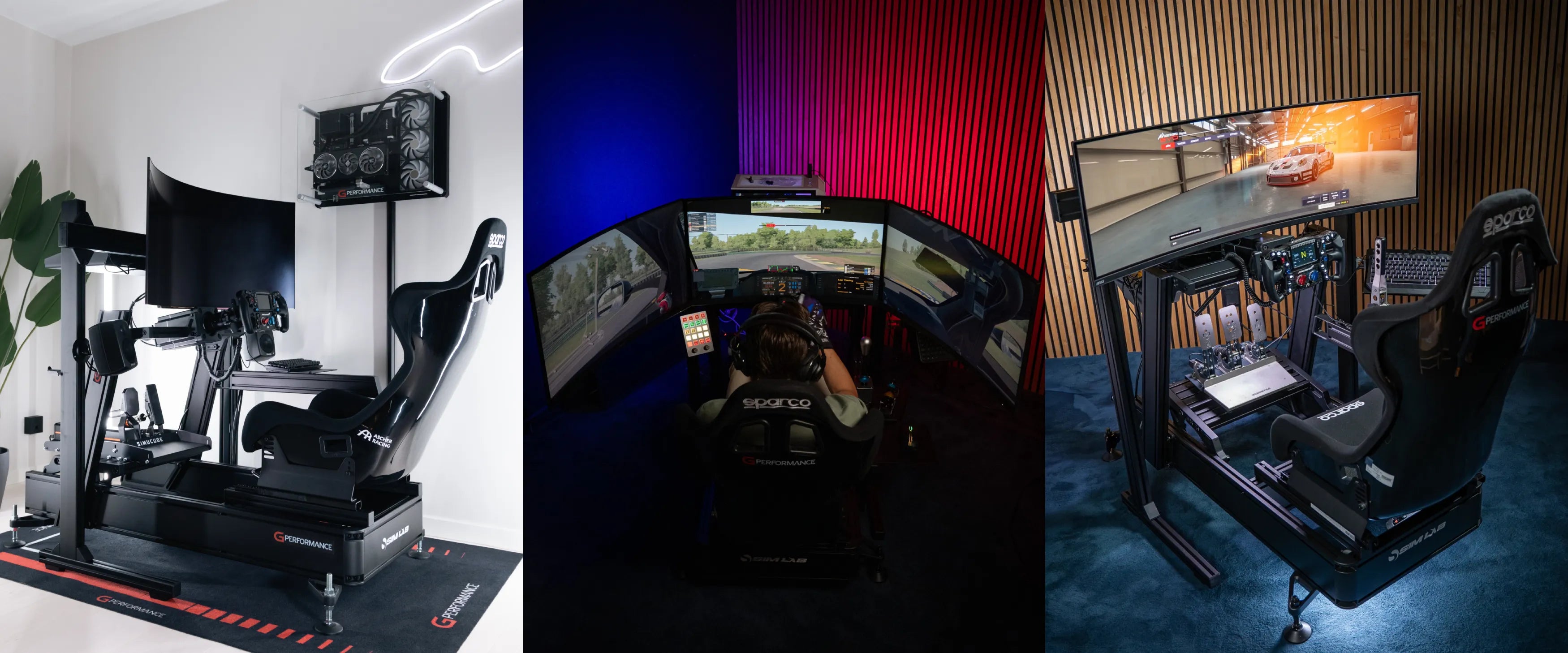 High-tech racing simulators with immersive multi-screen displays in modern gaming setups
