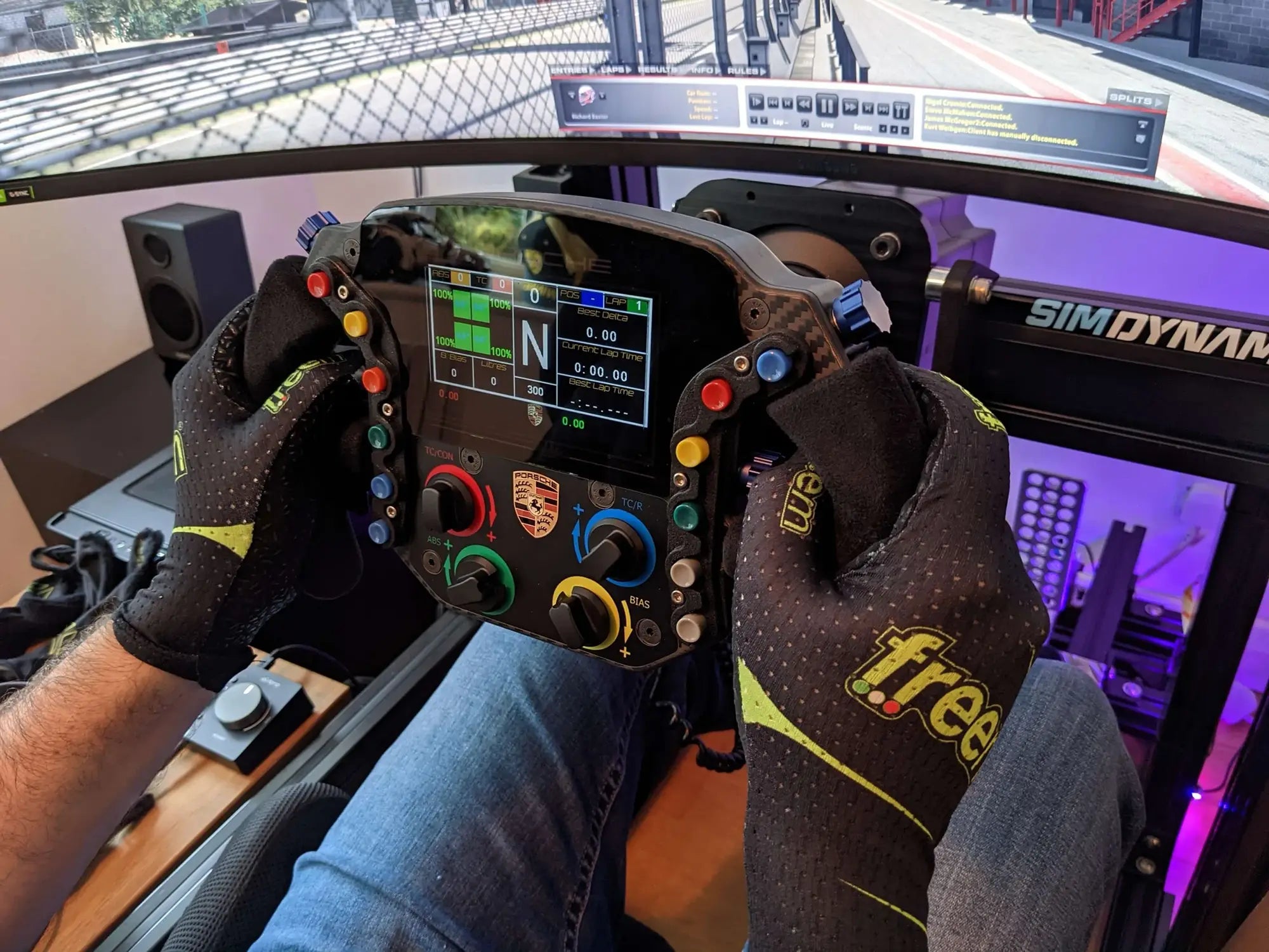 Sim racer using Simucube Direct Drive Wheel with virtual racetrack view, ideal for getting started with a Simucube Direct Drive Wheel setup.