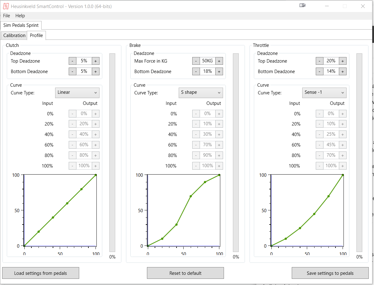 Heusinkveld Sprint pedals – initial setup guide showing settings interface for clutch, brake, and throttle calibration.