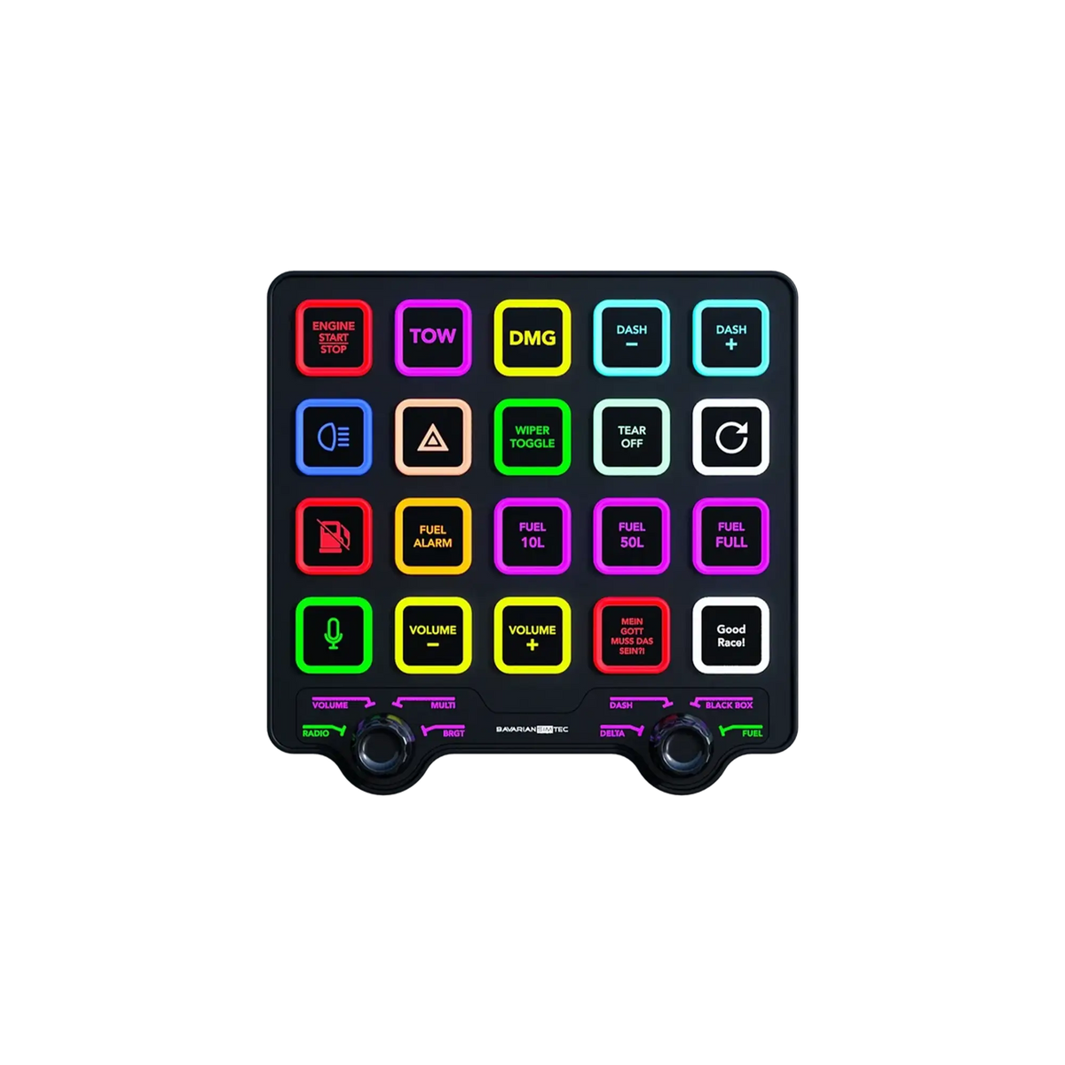 BavarianSimTec Control Center with CNC machined aluminium, multifunction encoder, and backlit tactile pushbuttons for SimHub compatibility.
