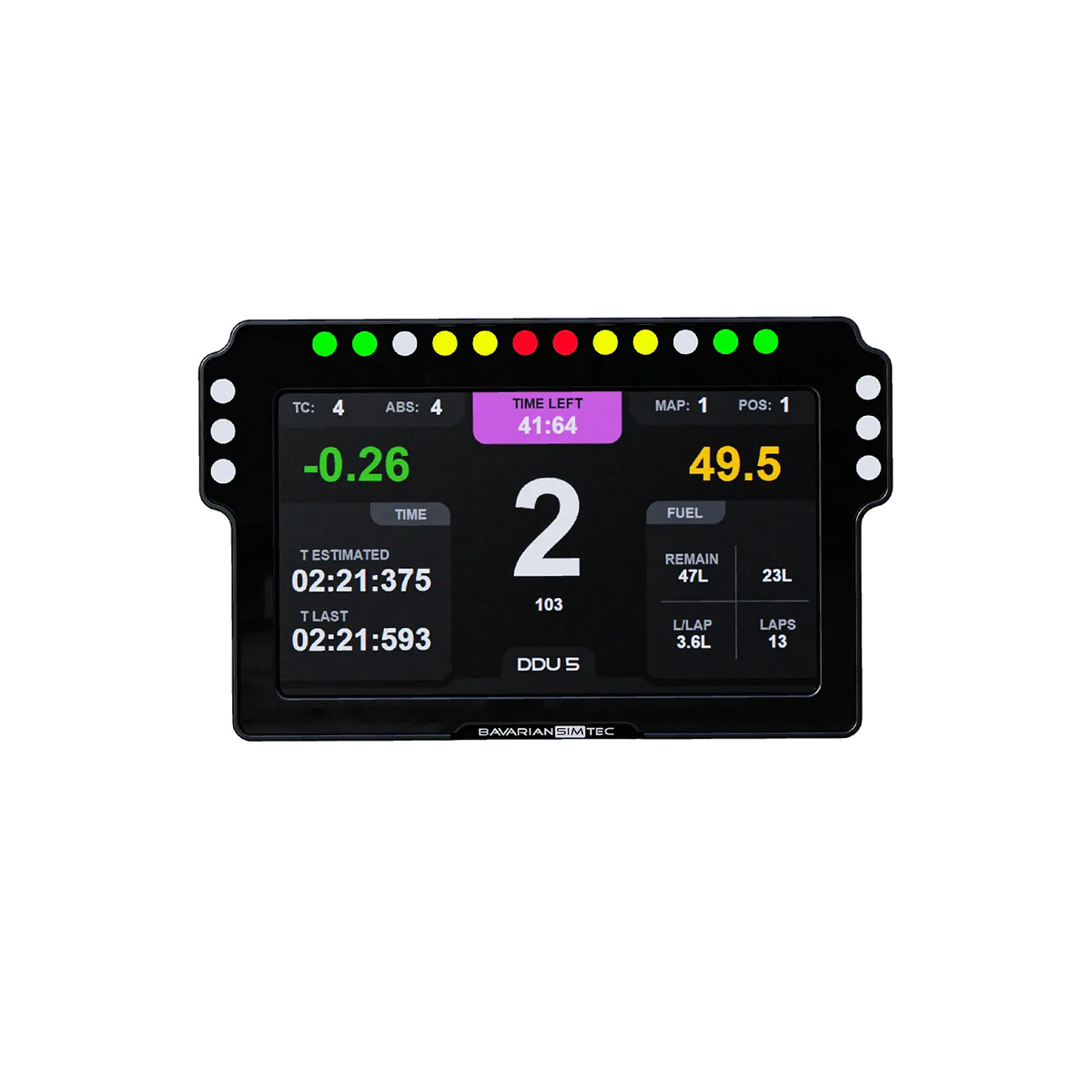 BavarianSimTec DDU5 dashboard for sim racing with customizable RGB indicators and 5-inch display, featuring CNC aluminum housing.