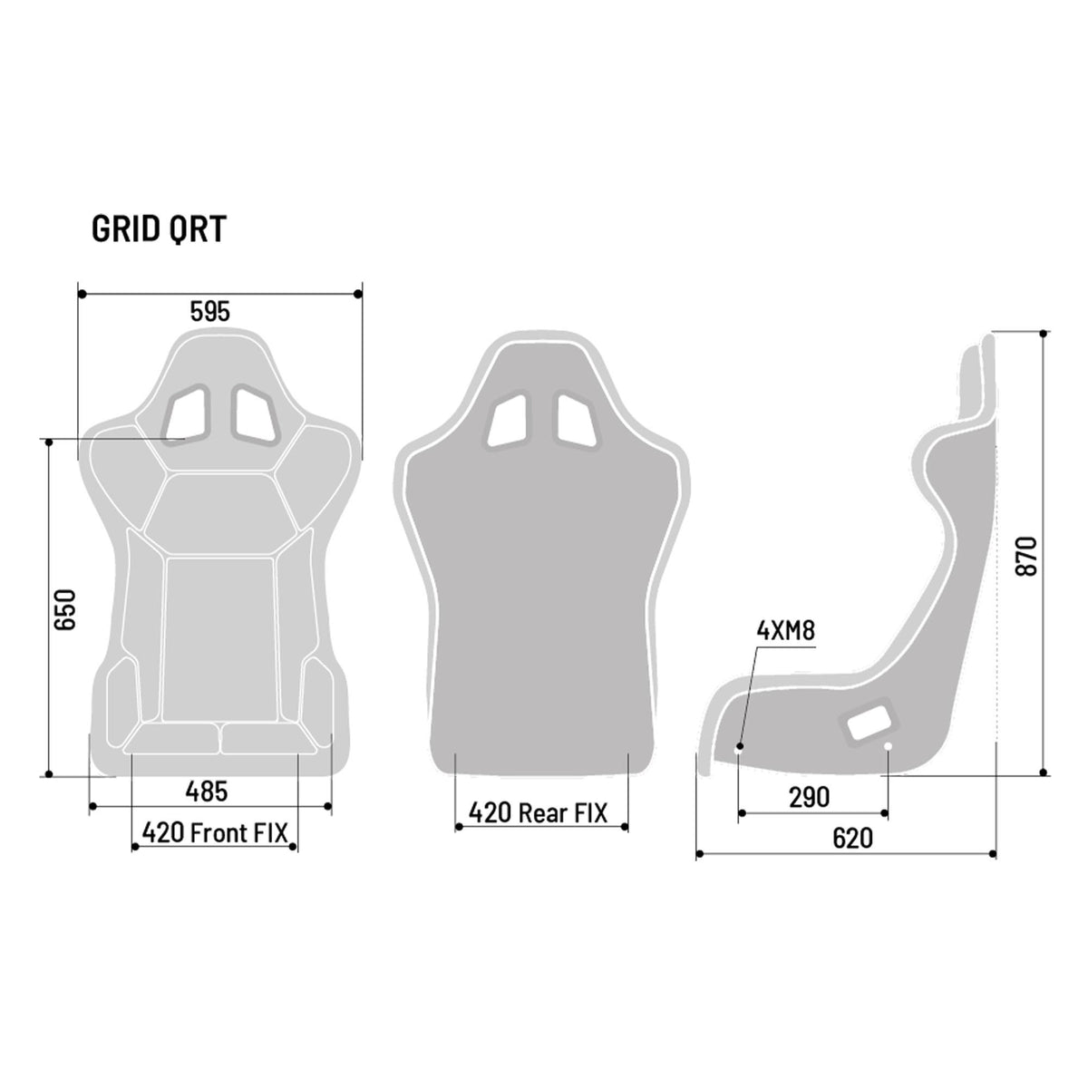 Sparco GRID Q Gaming dimensions - 870 mm height, 595 mm shoulder width, 620 mm depth, 4x M8 side mount with 290 mm spacing