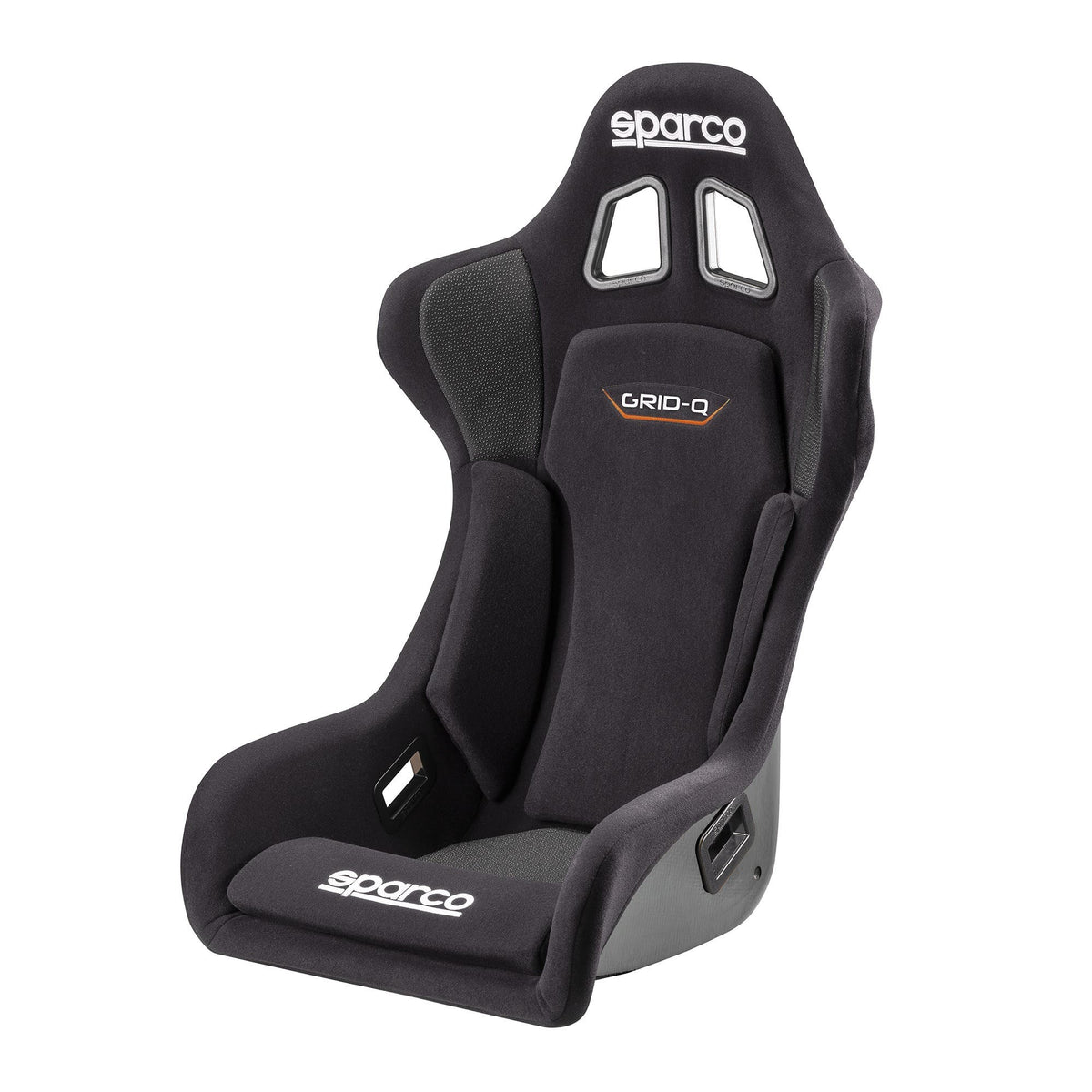 Sparco GRID Q Gaming sim racing seat - front view, black fabric with orange GRID Q accent