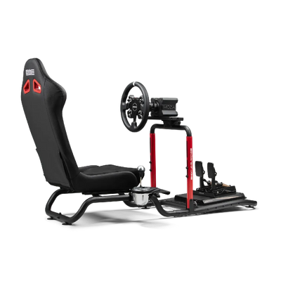 The Next Level Racing Victory Seat Add-On attached to Wheel Stand Lite 2.0, creating a complete GT-style racing cockpit with ergonomic design.