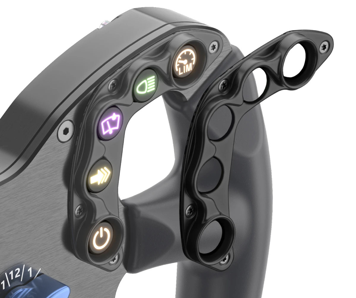 Close-up of a racing steering wheel with LED indicator buttons and paddle shifters on a black ergonomic design.