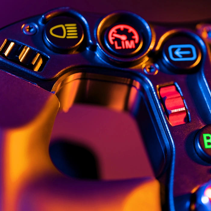 Close-up of a futuristic vehicle steering wheel with illuminated control buttons and modern design features.