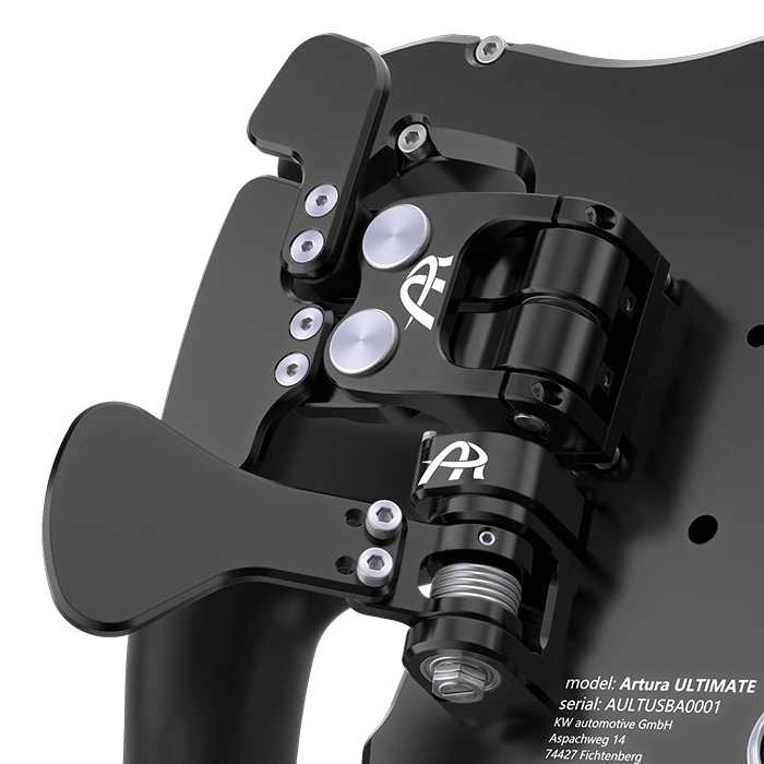 Close-up of black Artura ULTIMATE model racing simulator paddle shifter assembly with detailed mechanical components.