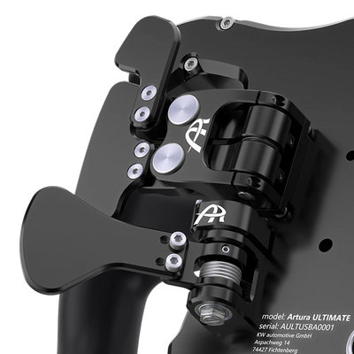Close-up of black Artura ULTIMATE model racing simulator paddle shifter assembly with detailed mechanical components.
