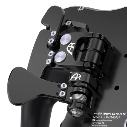 Close-up of black Artura ULTIMATE model racing simulator paddle shifter assembly with detailed mechanical components.