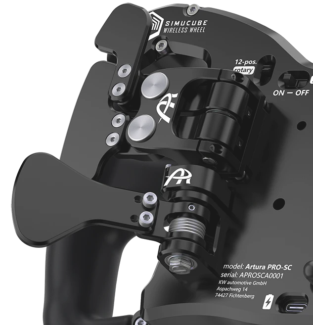 Simucube wireless racing simulator wheel, model Artura PRO-SC, featuring advanced 12-position rotary controls and ergonomic design.