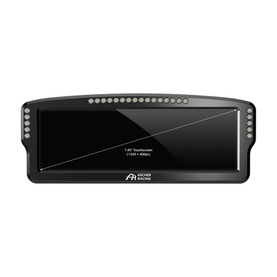 Front view of Ascher-Racing 8" Dashboard with high-resolution display, RGB LEDs, SimHub integration, and carbon bracket mounting options.