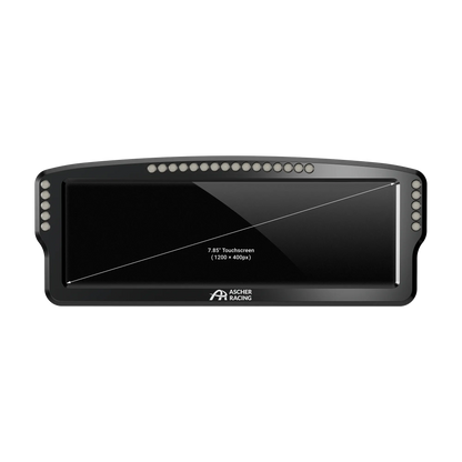 Front view of Ascher-Racing 8" Dashboard with high-resolution display, RGB LEDs, SimHub integration, and carbon bracket mounting options.