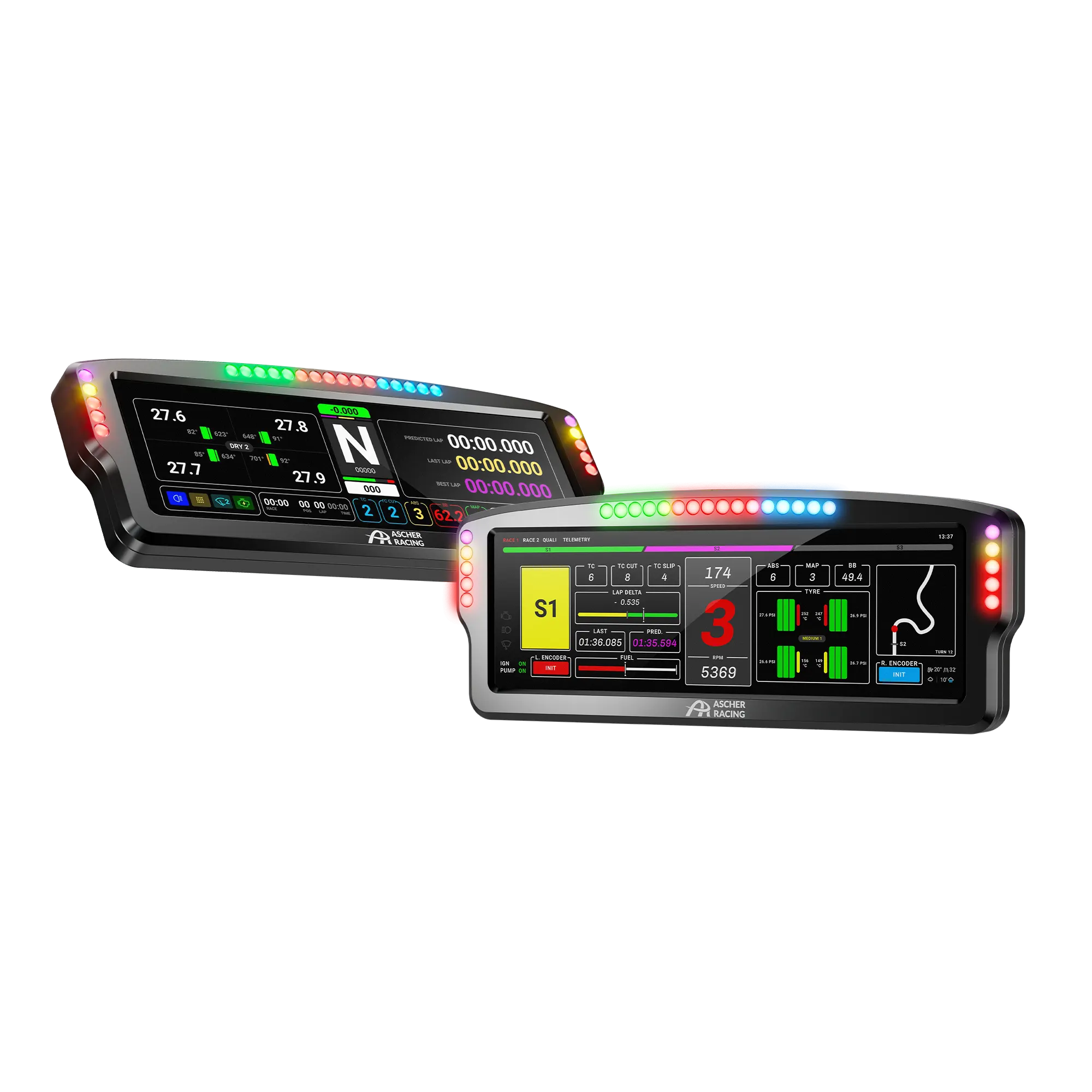 Ascher-Racing 8" Dashboard with 7.85" display, RGB LEDs, SimHub integration, and touch operation.