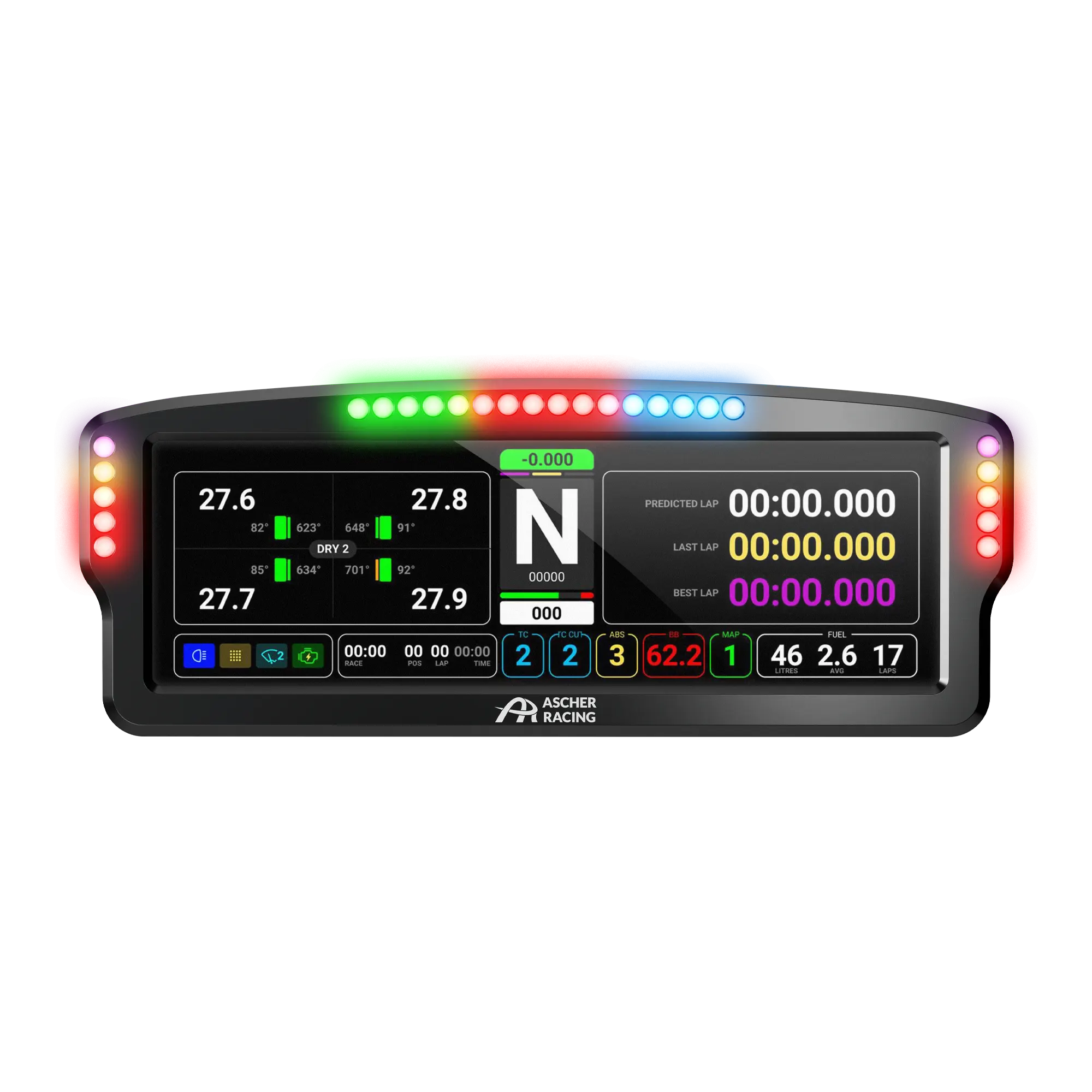 Ascher-Racing 8" Dashboard with 7.85" display, RGB LEDs, 16-bit colors, carbon bracket mount, and SimHub integration for touch operation.