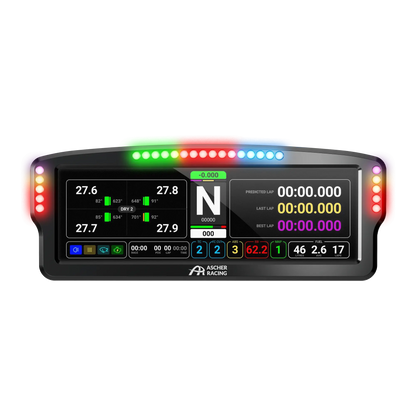 Ascher-Racing 8" Dashboard with 7.85" display, RGB LEDs, 16-bit colors, carbon bracket mount, and SimHub integration for touch operation.
