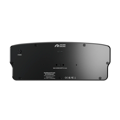 Ascher-Racing 8" Dashboard rear view showing compact design, 7.85" display, RGB LEDs, and mounting options, ideal for SimHub integration.