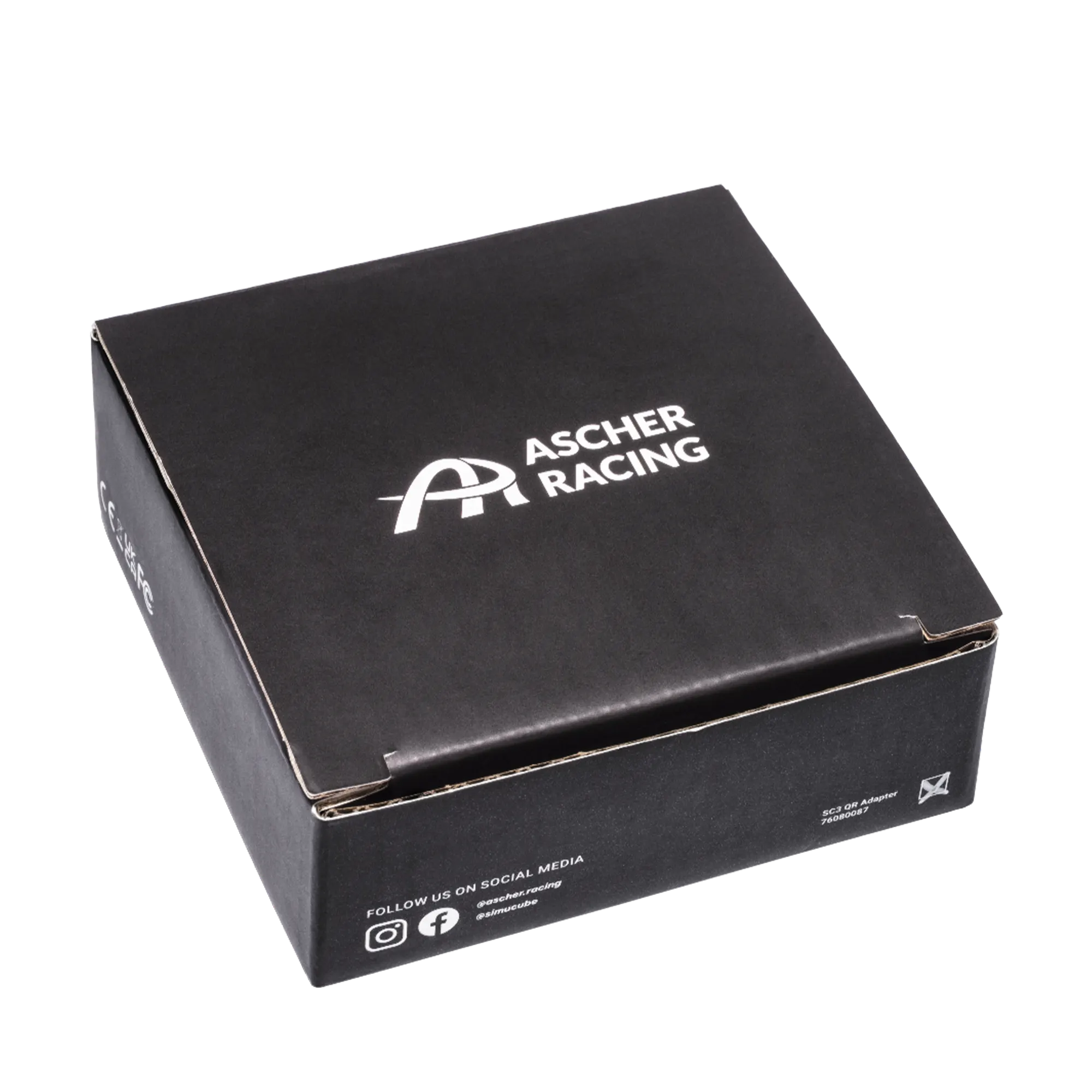 Packaging box of Ascher Racing Simucube 3 Quick Release Mounting Adapter, CNC machined aluminum with hardware included.