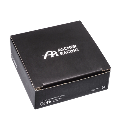 Packaging box of Ascher Racing Simucube 3 Quick Release Mounting Adapter, CNC machined aluminum with hardware included.