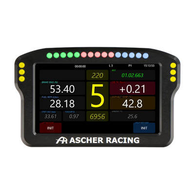 Ascher Racing Dashboard displaying real-time telemetry data, featuring high-res touch screen and RGB LEDs for sim racing setups.