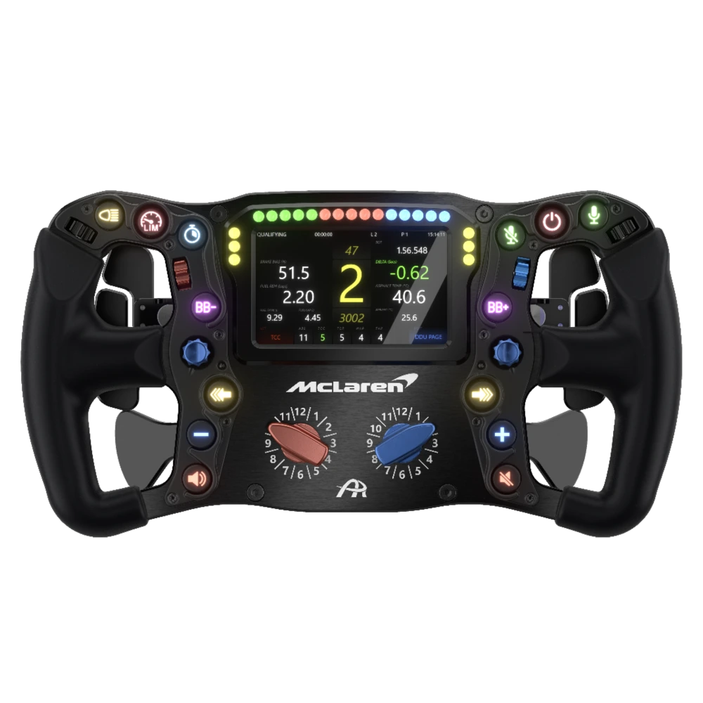 Sim racing steering wheel with digital display and colorful buttons, featuring a sleek design for immersive racing experience.