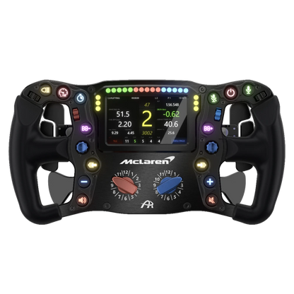 Sim racing steering wheel with digital display and colorful buttons, featuring a sleek design for immersive racing experience.