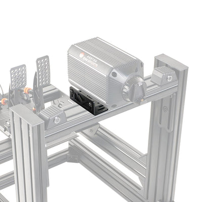 Asetek SimSports® Bottom Mount with Tilt attached to rig, showing direct drive wheelbase mounting and adjustable tilt bracket.