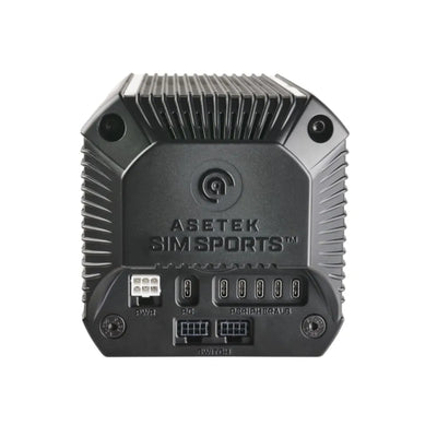 Rear view of Asetek Forte® Direct Drive Wheelbase 18Nm showcasing connections and design features for sim racing enthusiasts.