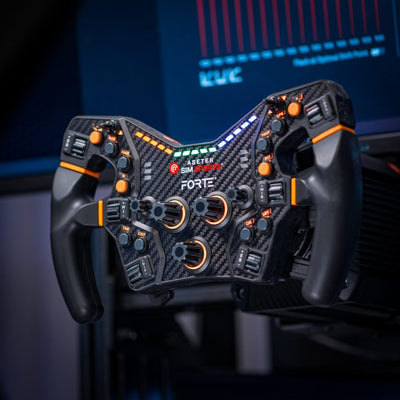 Close-up of Asetek Forte® Formula Steering Wheel with exquisite Danish design and 290mm diameter, highlighting its premium build.