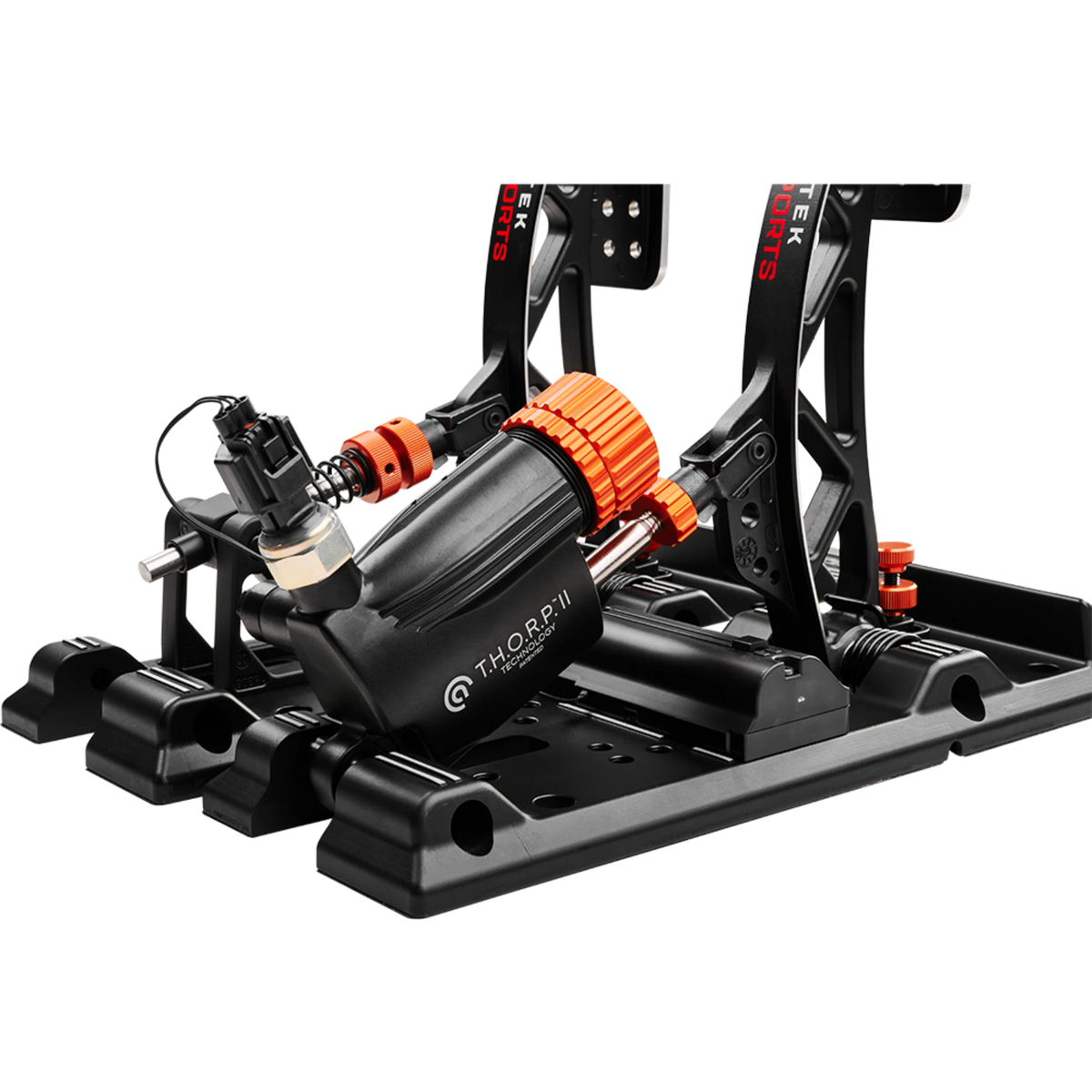 Sim racing pedal set featuring adjustable components and a hydraulic system for realistic driving experience.
