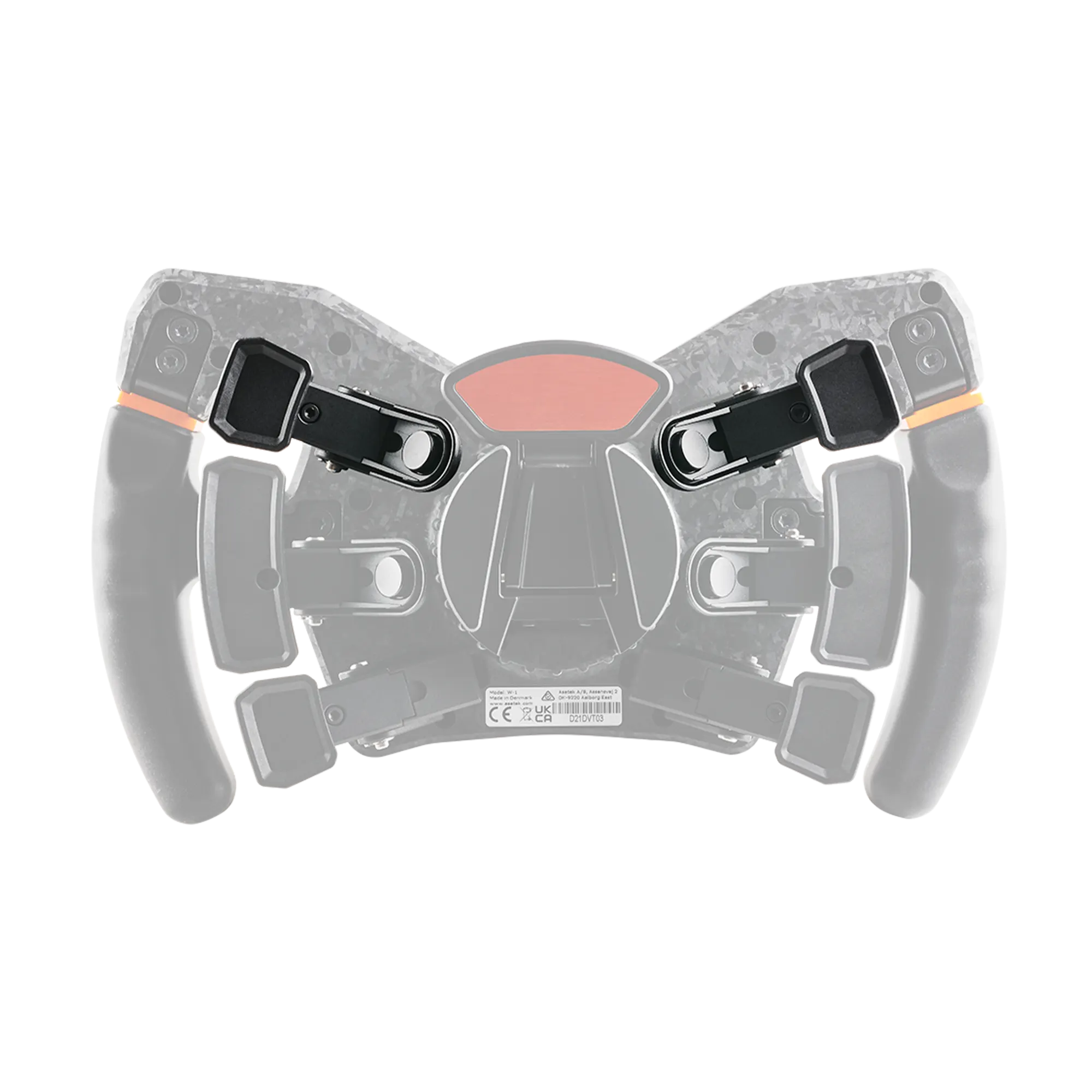 Asetek Magnetic Input Paddles on a carbon composite racing wheel for competitive edge and quick access to controls.