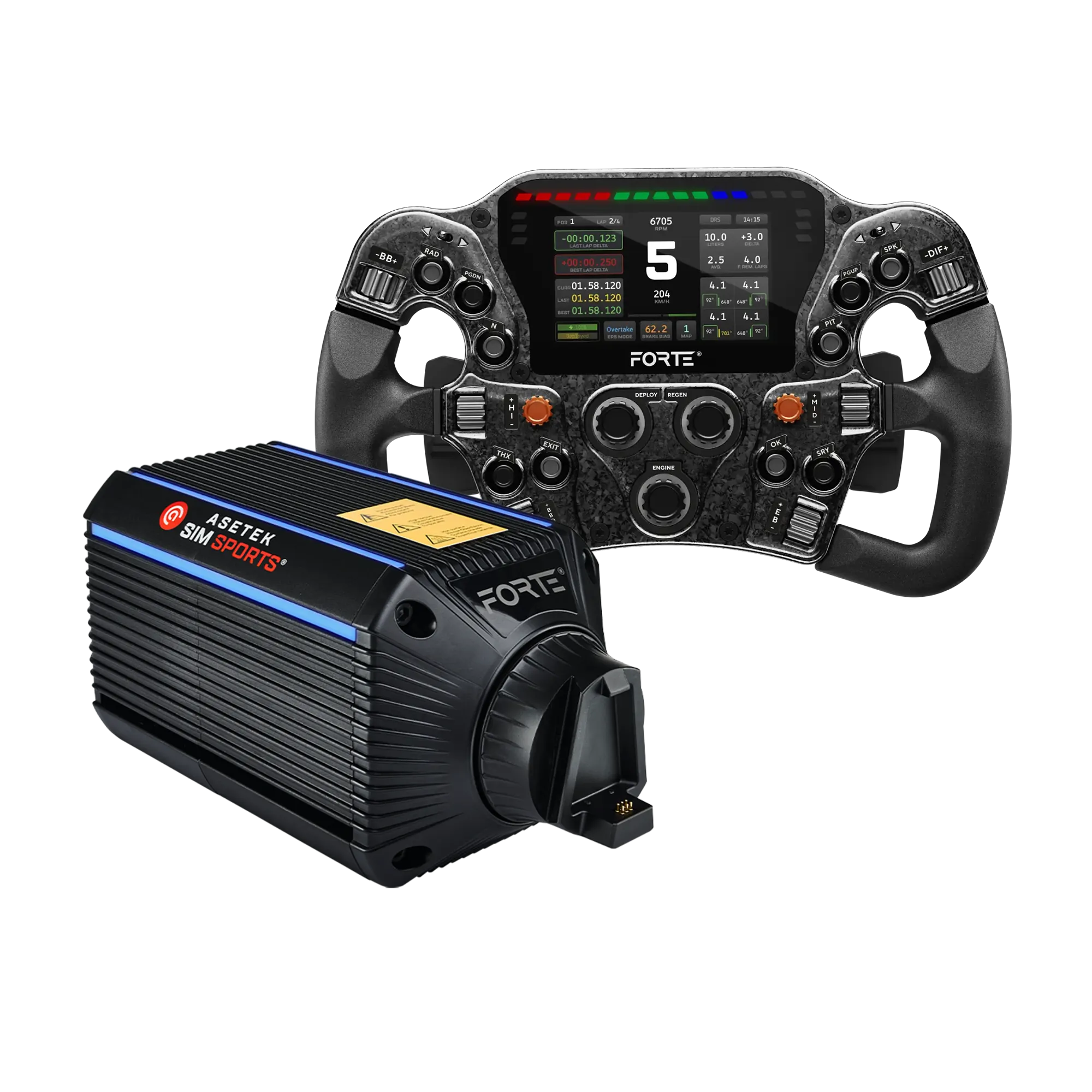 Asetek Forte + Forte Formula Pro with LMP handles for advanced sim racing experience with detailed force feedback and formula-style layout.