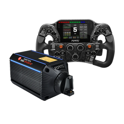 Asetek Forte + Forte Formula Pro with LMP handles for advanced sim racing experience with detailed force feedback and formula-style layout.