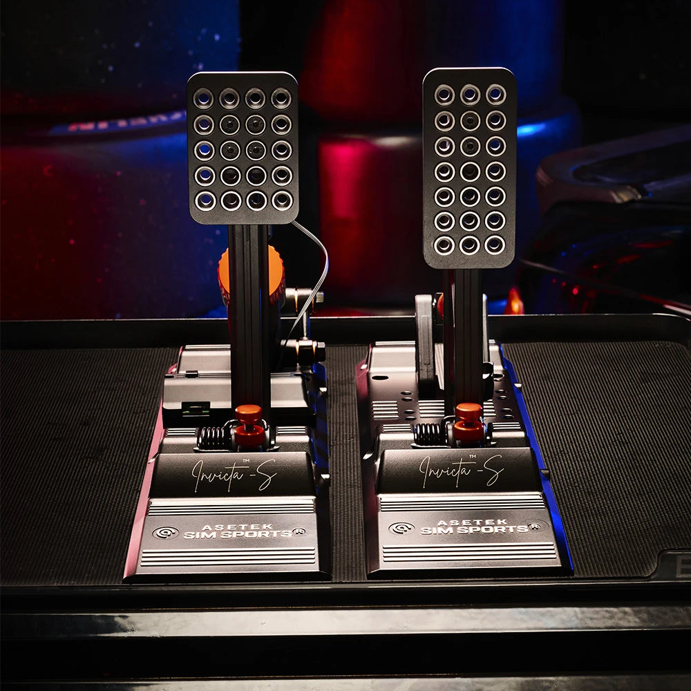 Asetek SimSports gaming pedals with sleek design, highlighted by ambient lighting in a gaming setup.