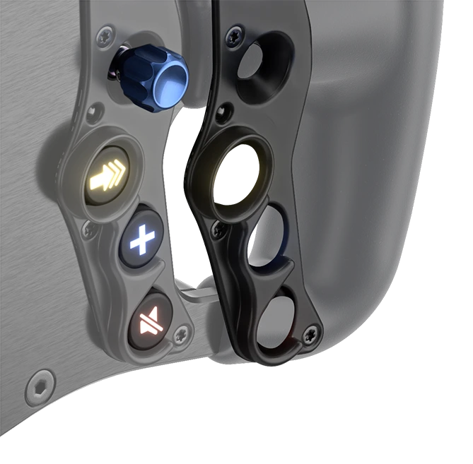 Close-up of a gaming joystick with illuminated buttons and a blue dial, featuring a modern ergonomic design.