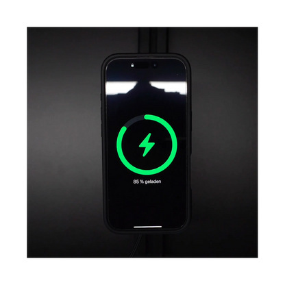 BavarianSimTec PitPower MagLock in use with iPhone, displaying charging status and MagSafe compatibility for seamless power on the go.