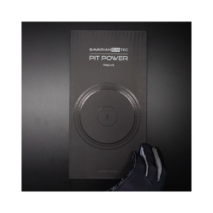 BavarianSimTec PitPower MagLock box showcasing the magnetic iPhone mount adhering to MagSafe standards for sim racing enthusiasts.