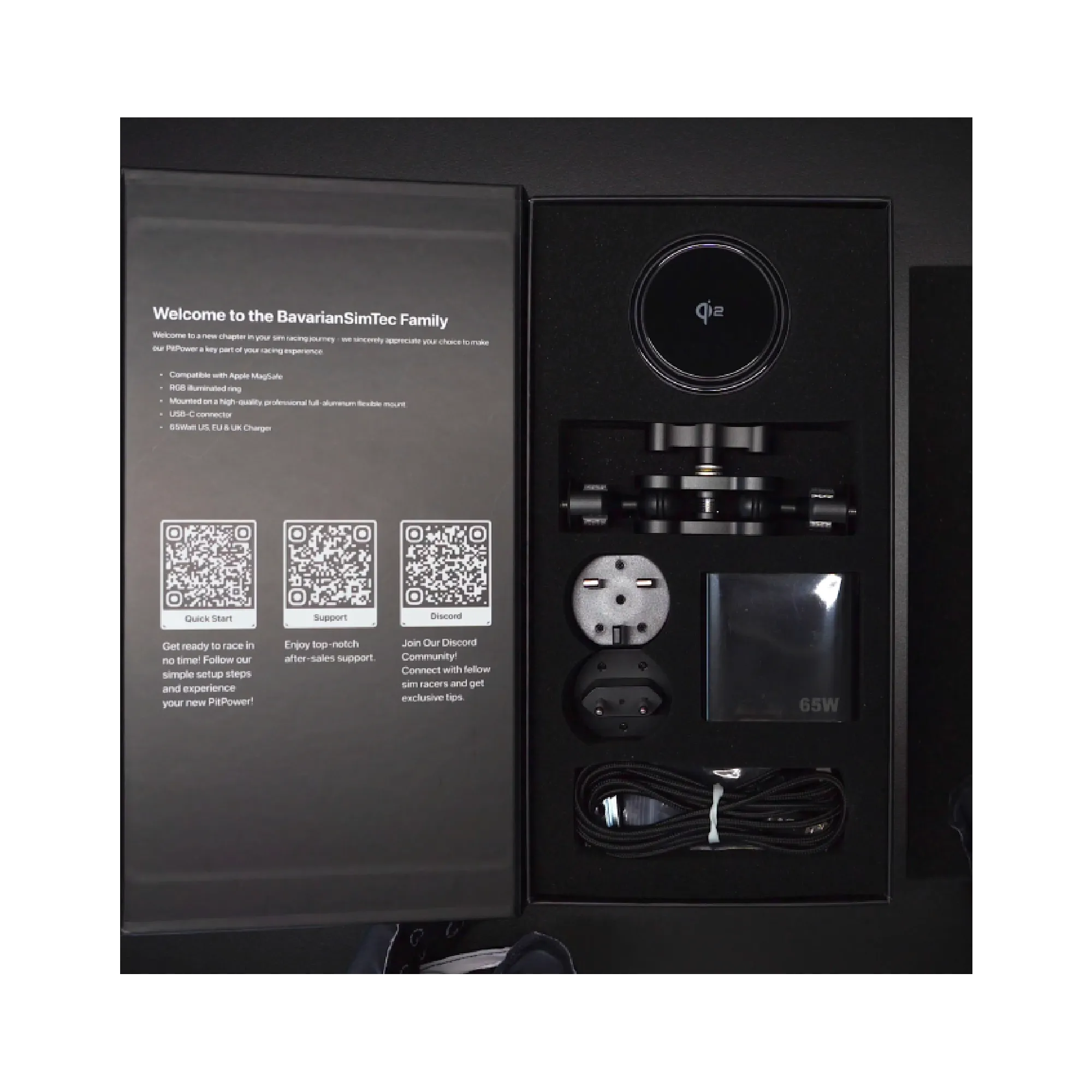 BavarianSimTec PitPower MagLock magnetic iPhone mount with 65W fast charging and wireless capabilities in package